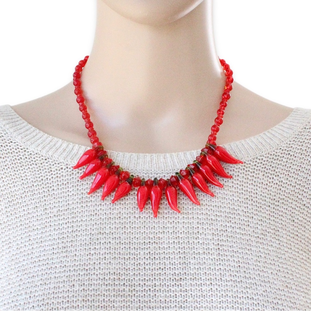 Blown Glass Red Chili Pepper Beaded Necklace Red Beads Handmade Art Glass